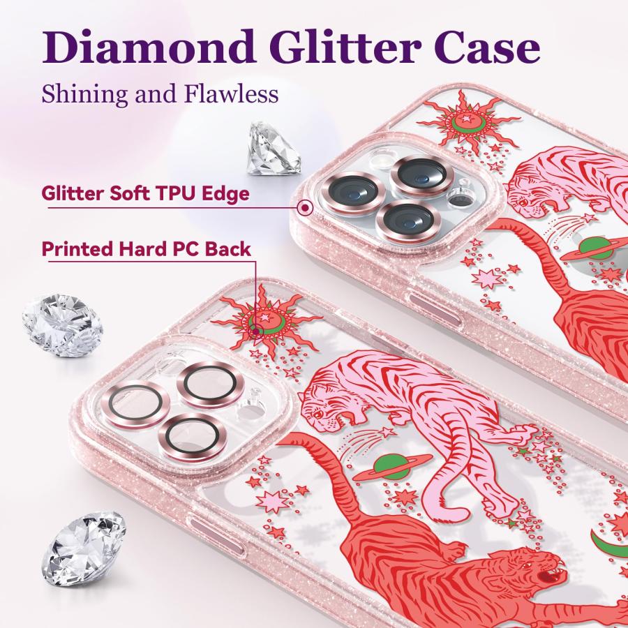 casevivid iPhone 14 Pro Max用にデザイン ケース ピンクグリッター クリア - リストストラップ付きかわいい, image size:900x900
