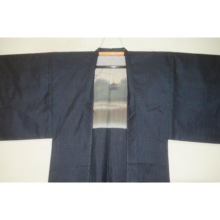 弐11402RM 本絹泥藍大島紬男着物羽織 裄71丈148К百山亀甲藍瑠璃 現代物 地球印証紙付き 極美品 新品アウトレットの画像