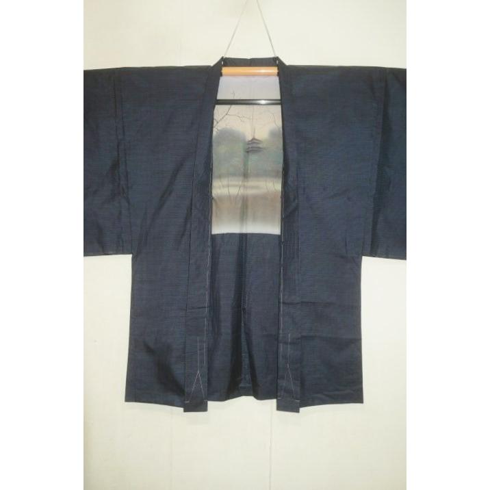 弐11402RM 本絹泥藍大島紬男着物羽織 裄71丈148К百山亀甲藍瑠璃 現代物 地球印証紙付き 極美品 新品アウトレットの画像