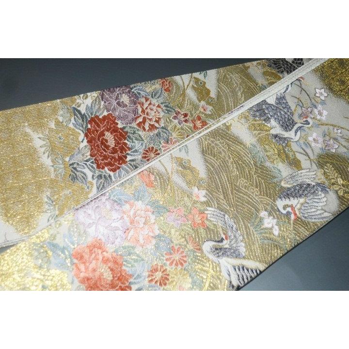 弐11479RM 男角帯 本絹西陣錦織 К金襴・御所解き鶴に百花繚乱 ​【手織】西陣織 金襴正絹100% 本金使用 /nishijin ori
