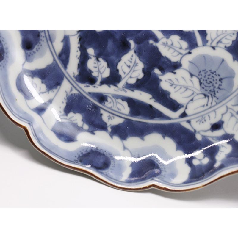 古伊万里 皿 江戸時代後期 染付花鳥文濃 輪花形 N140