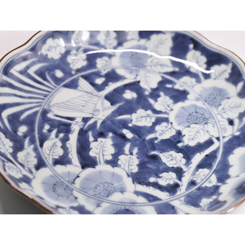 古伊万里　染付　輪花形膾皿　五点　亀甲文　植物文　古器を楽しむ　江戸期　大きめ 古伊万里 染付 輪花形膾皿 五点 亀甲文 植物文 古器を楽しむ