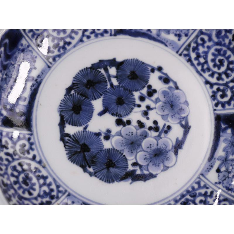 江戸時代　後期　古伊万里　松竹梅　蛸唐草文　膾皿　3客　なます皿　向付　取皿 古伊万里 染付 蛸唐草 膾皿 五枚組 なます皿 見込み松竹梅 二重