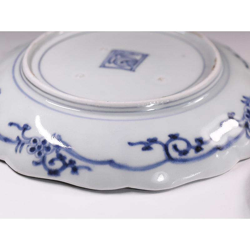 江戸時代　後期　古伊万里　松竹梅　蛸唐草文　膾皿　3客　なます皿　向付　取皿 古伊万里 輪花形皿 江戸時代中期-後期 染付松竹梅蛸唐草文 二客