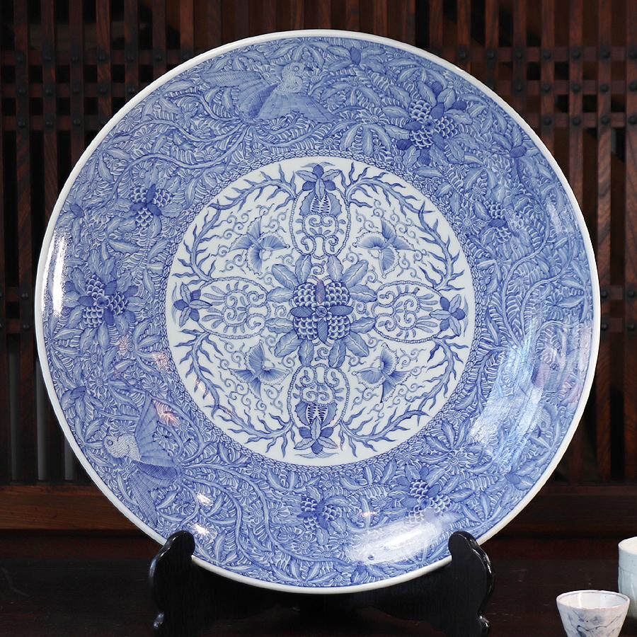 江戸時代後期-明治時代 古伊万里 染付線描花鳥文大皿 一尺七寸（52.5cm 