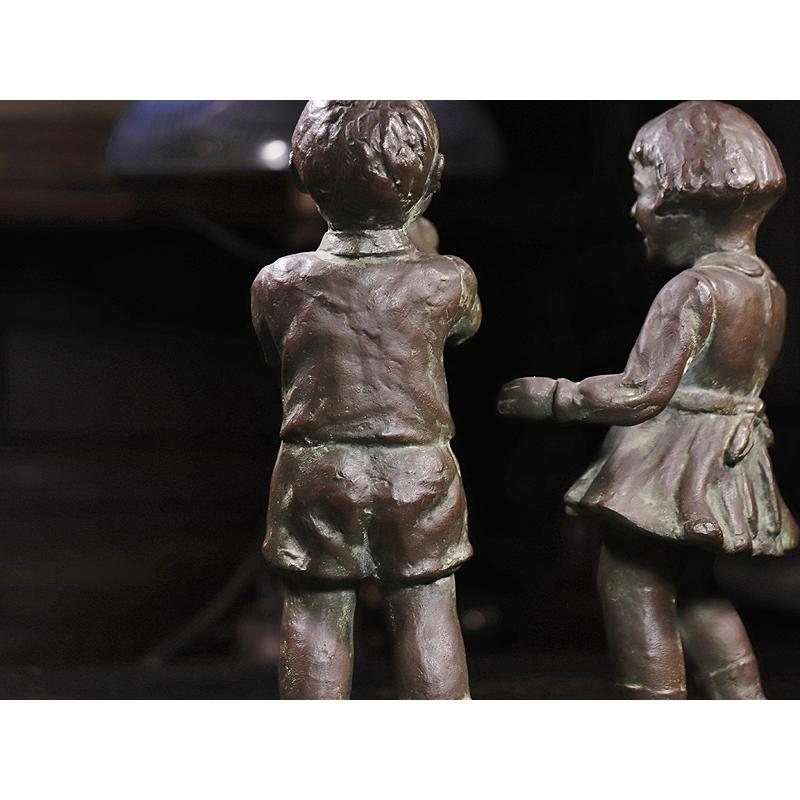 （訳ありセール格安） 【開】1955年頃 カスタネットをもつおかっぱ少女とラッパを吹く少年 ブロンズ彫刻 置物 Rauro・・・サインあり KS20