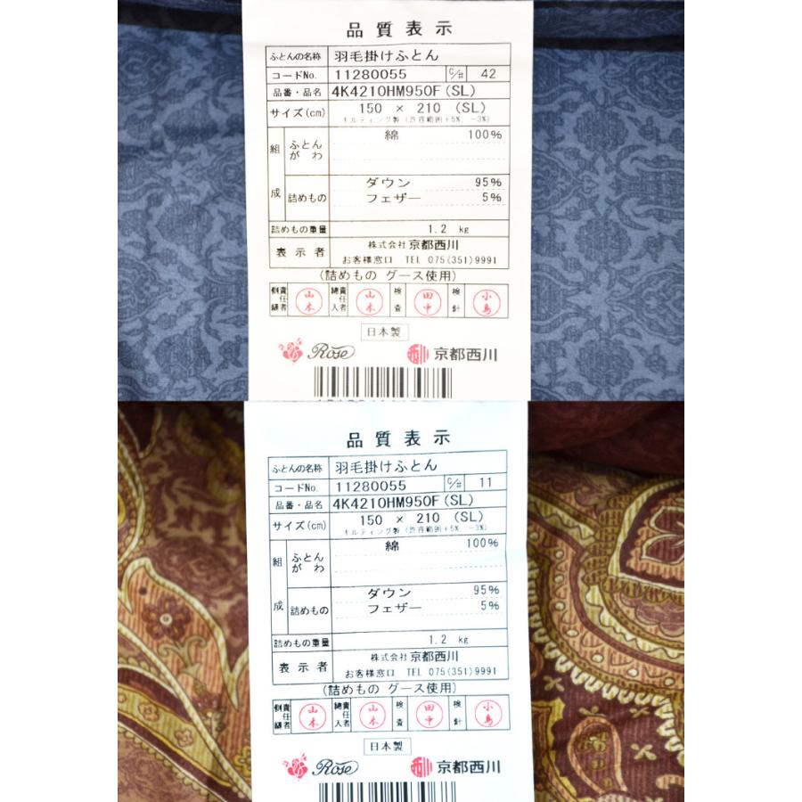2500円抗菌防臭加工無料 京都西川 ローズ羽毛ふとん 冬用 シングル 