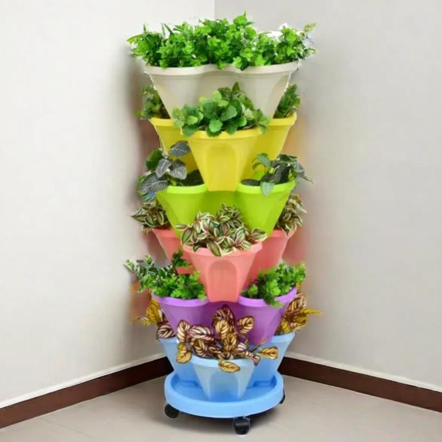 タワー型プランター 6段垂直ガーデンプランター ホイール付き 4バルブ