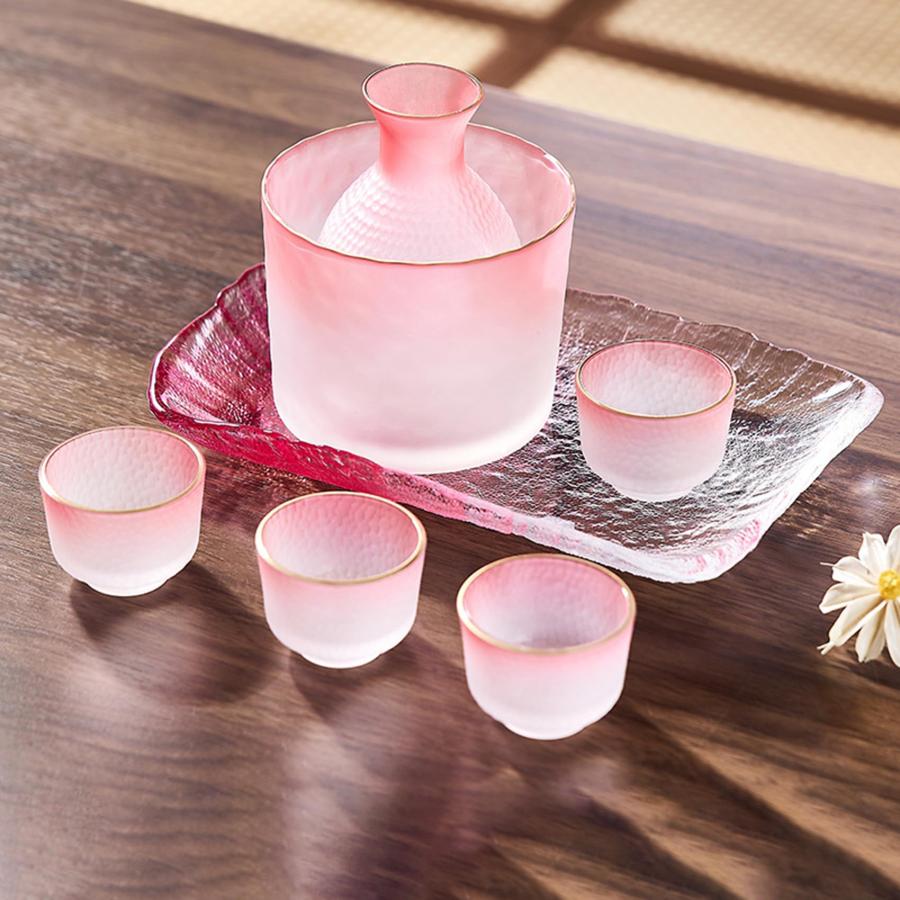 乳白色　ガラス高台杯　ブルー＆ピンク　ゴブレットグラス　レトロ酒器 酒器セット 冷酒器 600ml+300ml+40ml*4個 日本酒 ガラスセット 冷酒