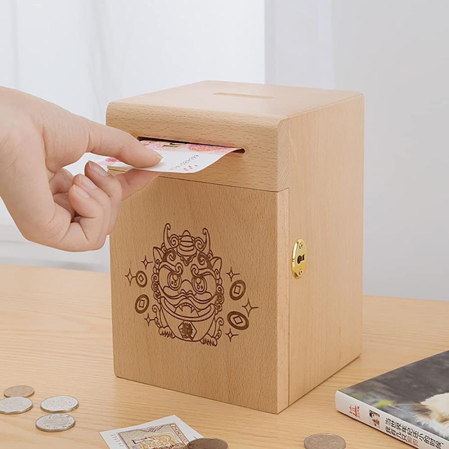銀杯　木箱付き 木製 貯金箱 お札ちょきん箱，大容量 鍵付き 大きい お札貯金箱