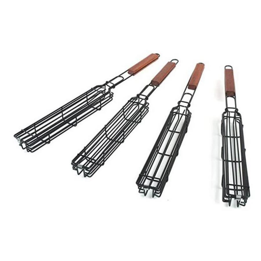 ケバブグリルバスケット4個セット ロック可能なグリッドと木製ハンドル