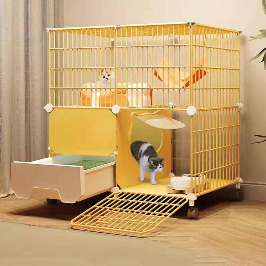 大きな黄色の猫ケージ 車輪付き 猫用ケージ トイレ付き 移動式猫用エンクロージャー 車輪付き 猫用