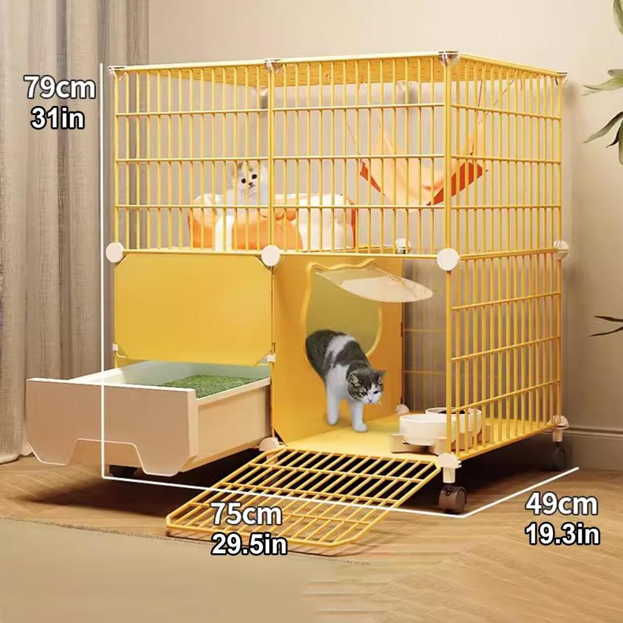 大きな黄色の猫ケージ 車輪付き 猫用ケージ トイレ付き 移動式猫用エンクロージャー 車輪付き 猫用