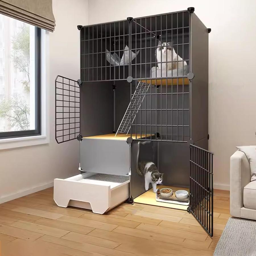 引き出し式猫トイレ付き屋内特大猫ケージ、組み立てられた猫の囲いの