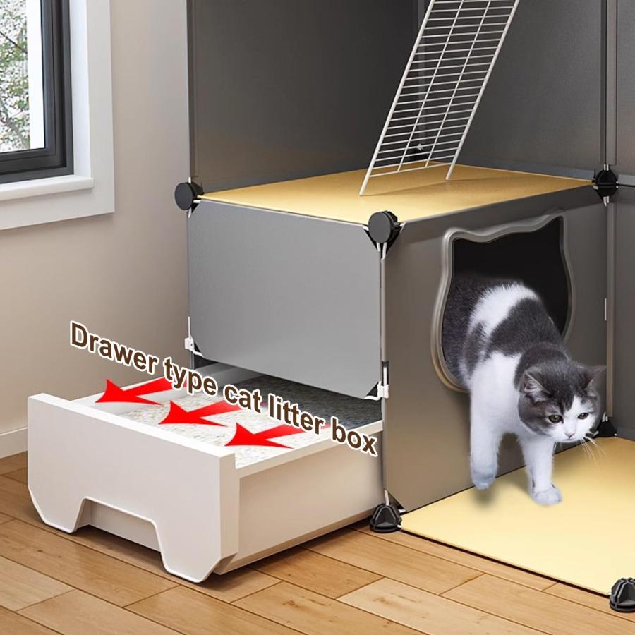 引き出し式猫トイレ付き屋内特大猫ケージ、組み立てられた猫の囲いの