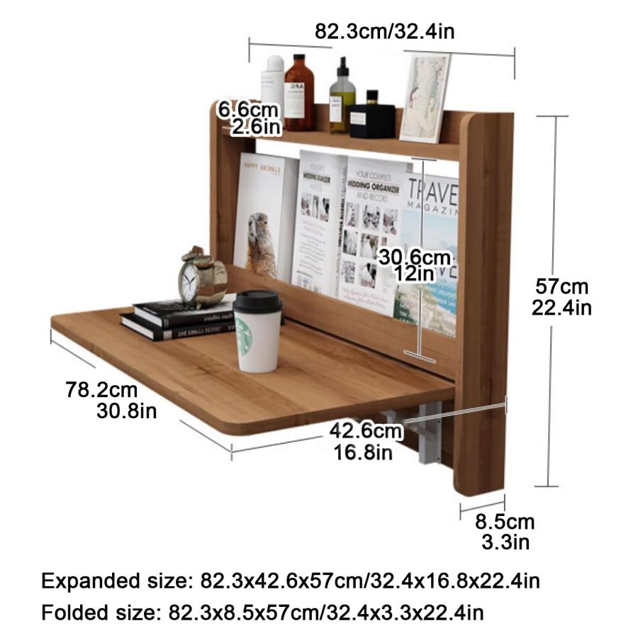 収納棚と一体化した折りたたみ式壁掛けドロップリーフテーブルデスク