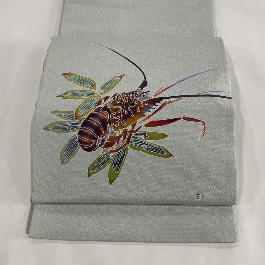 袋帯 灰緑 ファッション 羽田登喜男 縮緬 落款あり 笹 お太鼓柄 店 逸品 帯 バイセルオンライン 中古 伊勢海老 正絹 ふるさと納税 レディースファッション