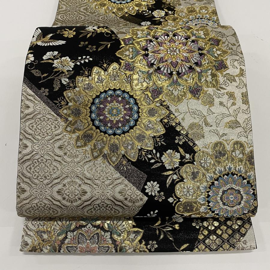 袋帯 美品 秀品 華飾更紗 八尺紋 華文 鳥 金銀糸 箔 黒灰 六通 正絹 中古 バイセルオンライン Yahoo 店 通販 Yahoo ショッピング