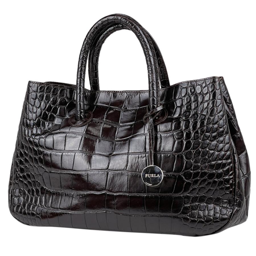在庫一掃 フルラ Furla 型押し ハンドバッグ ロゴ チャーム トートバッグ ハンドバッグ レザー ダークブラウン レディース 中古 バイセルオンライン Yahoo 店 通販 Yahoo ショッピング
