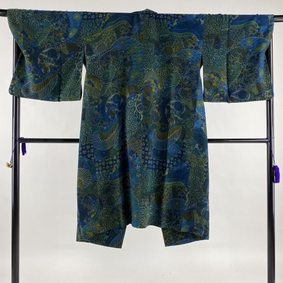 数量は多 道中着 美品 逸品 和装コート 着物衿 草花 幾何学模様 青緑 身丈113cm 裄丈72cm L 正絹 アウトレット送料無料 Www Thedailyspud Com