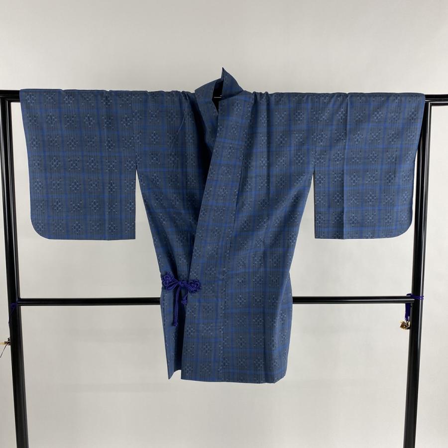 日本全国送料無料 道中着 名品 和装コート 紬 格子 幾何学 青灰色 身丈90 5cm 裄丈66cm M 正絹 驚きの安さ Kuljic Com