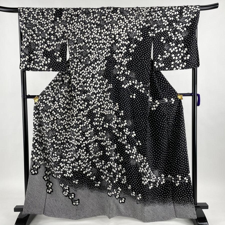 訪問着 美品 名品 枝花 総絞り 黒 袷 身丈163 5cm 裄丈67 5cm L 正絹 中古