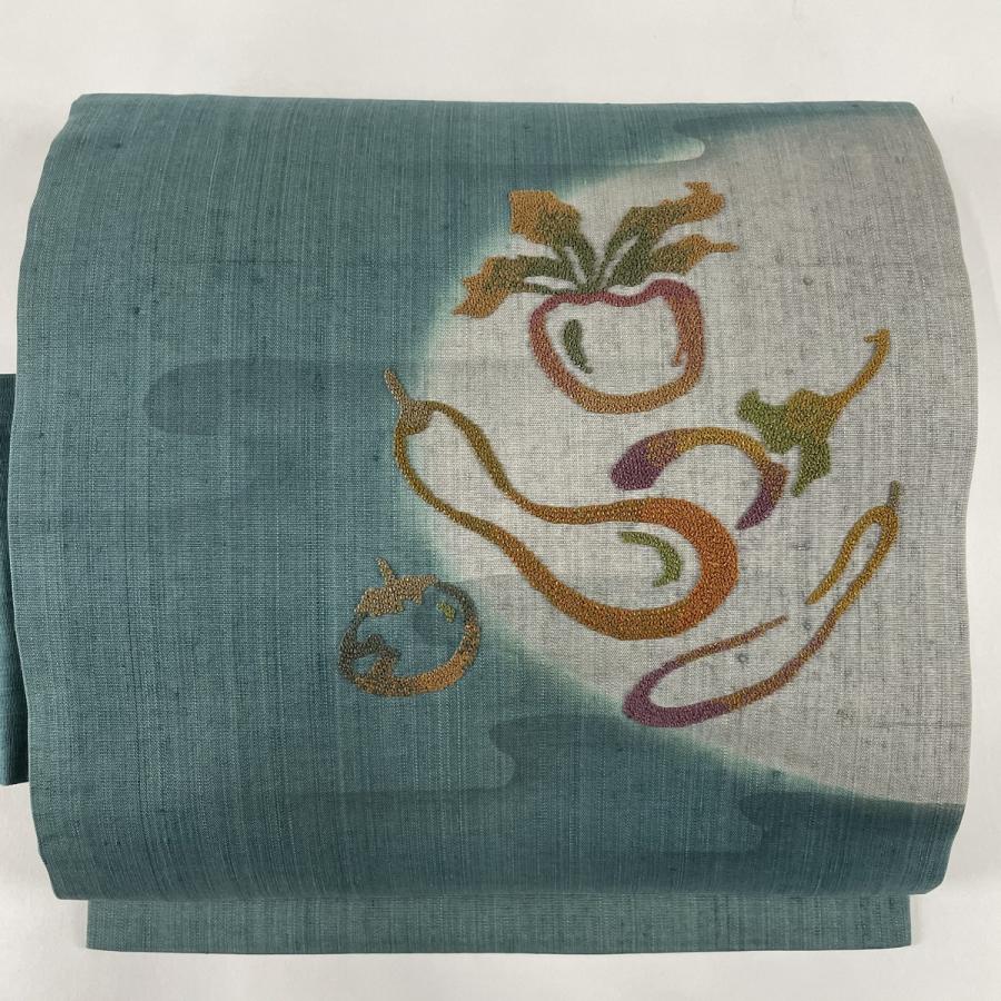 在庫一掃 名古屋帯 名品 紬地 野菜 霞 相良刺繍 青緑 正絹 中古