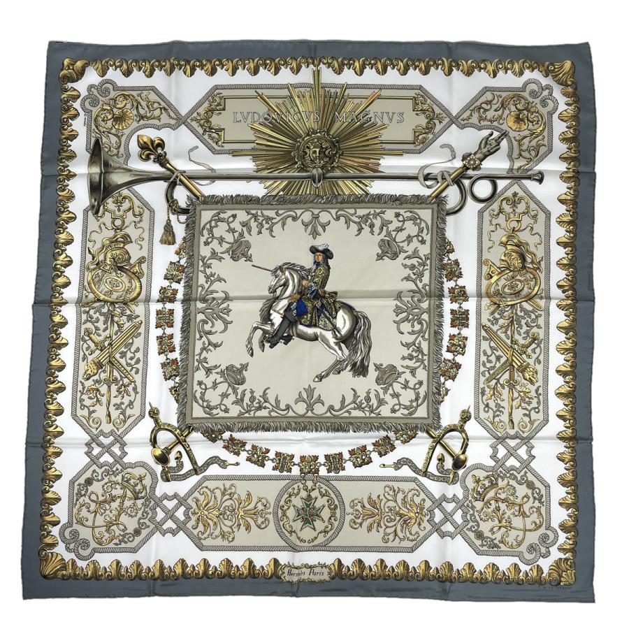 正規逆輸入品 エルメス Hermes Magnvs 白 中古 Lvdovicvs カレ90 バンダナ スカーフ Kontrapunkt Mk Org