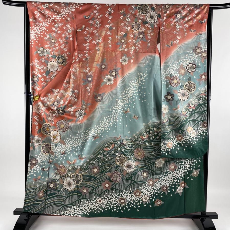 リサイクル 着物 振袖 美品 保存版 名品 桜 蝶 金銀彩 金糸 袷 裄丈64 5cm ピンクベージュ M 正絹 中古 身丈159 5cm