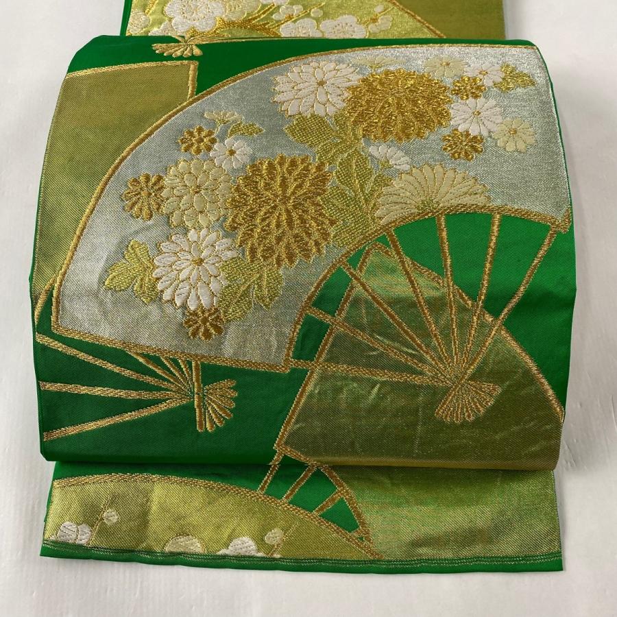袋帯 名品 落款あり 川島織物 振袖向き 扇 菊梅 金銀糸 唐織 緑 六通