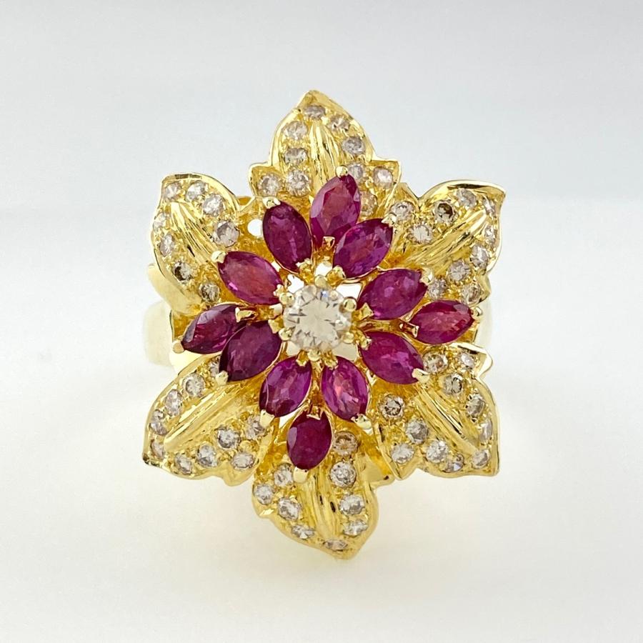 ルビー デザインリング K18 イエローゴールド 指輪 メレダイヤ リング 約19 5号 Yg ダイヤモンド レディース お取り寄せ