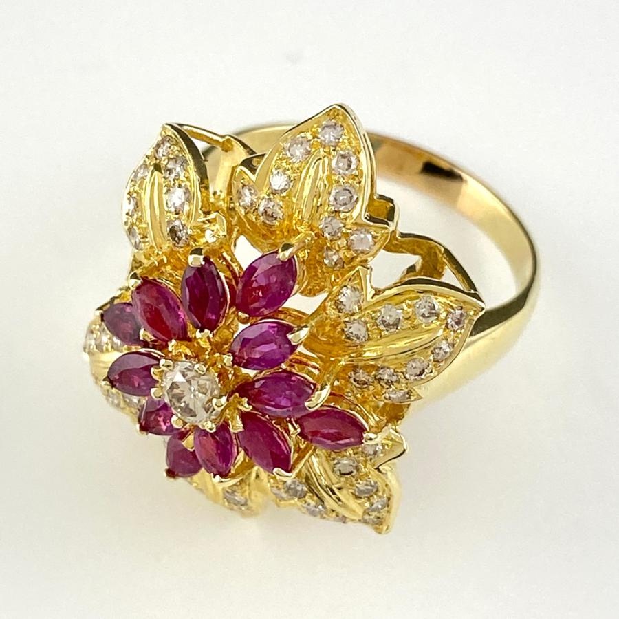 ルビー デザインリング K18 イエローゴールド 指輪 メレダイヤ リング 約19 5号 Yg ダイヤモンド レディース お取り寄せ