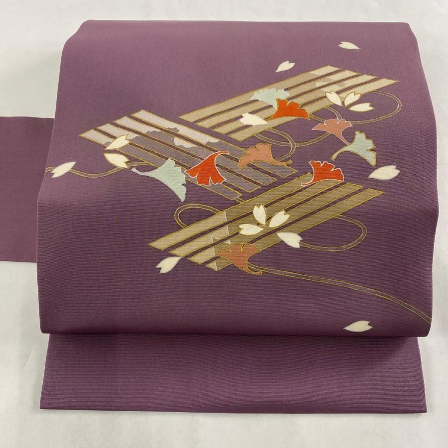 名古屋帯 秀品 イチョウ 21人気no 1の 桜の花びら 赤紫 金彩 正絹 中古