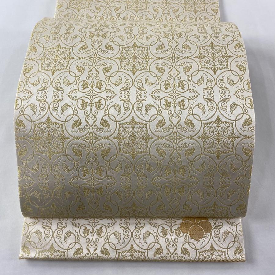 開き名古屋帯 美品 逸品 龍村美術織物 葡萄唐草 華文 箔 クリーム 正絹