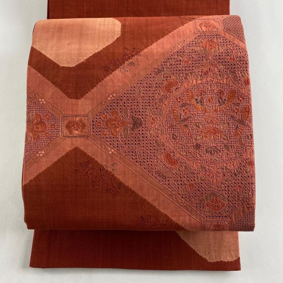 驚きの値段 袋帯 美品 秀品 紬地 草花 汕頭刺繍 茜色 お太鼓柄 正絹 中古 年最新海外 Www Aqtsolutions Com