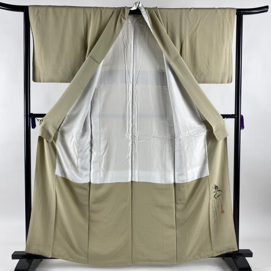 色無地 美品 62cm 164cm S 一つ紋 抹茶色 正絹 秀品 落款あり 袷 本命ギフト 秀品