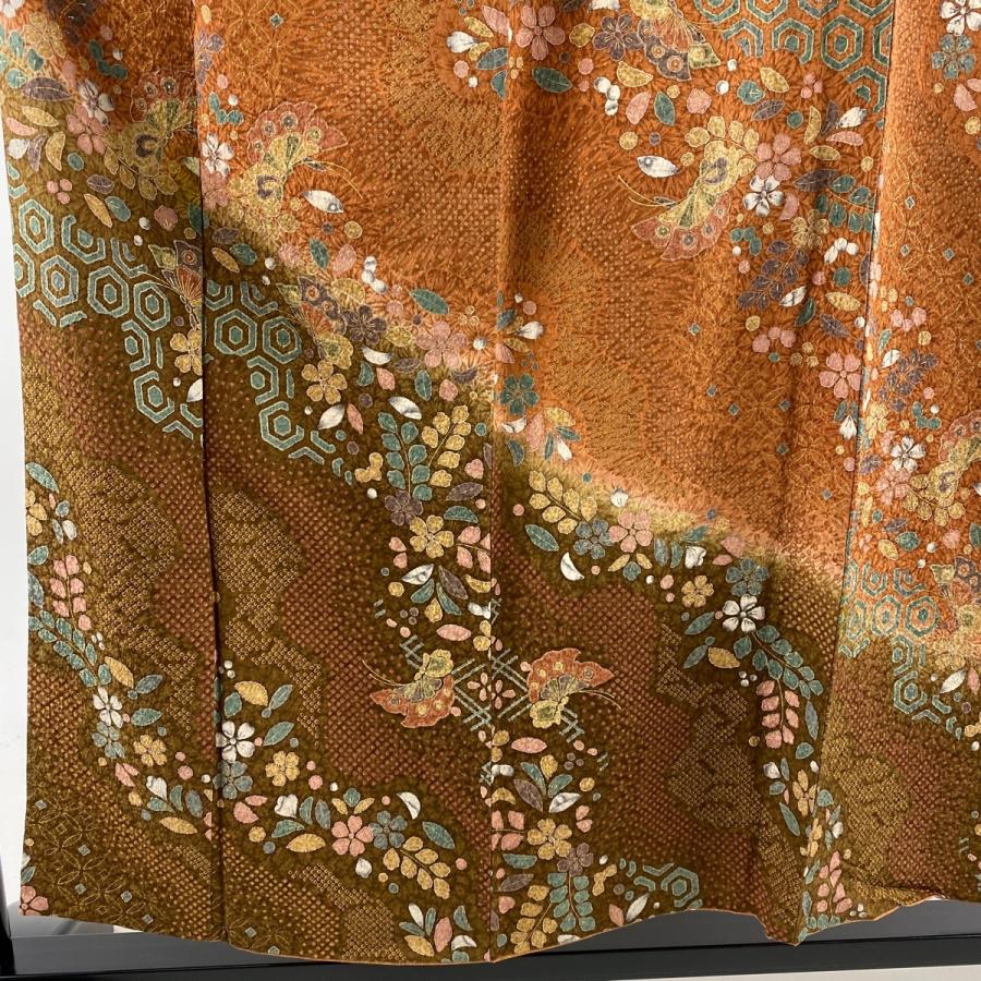 33 割引爆売り 小紋 美品 正絹 茶色地 赤茶 斜めストライプ模様 袷 リサイクル着物 着物 浴衣 水着 Wulfydiving Re