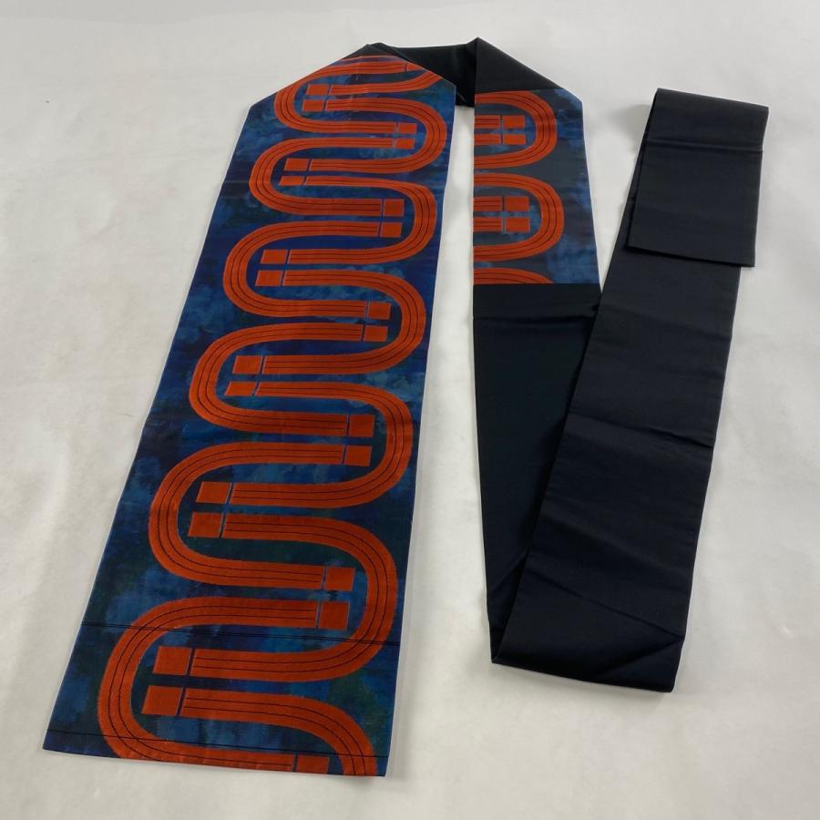 ふるさと割 名古屋帯 美品 優品 幾何学 箔 紺色 正絹 中古 Cef Ng