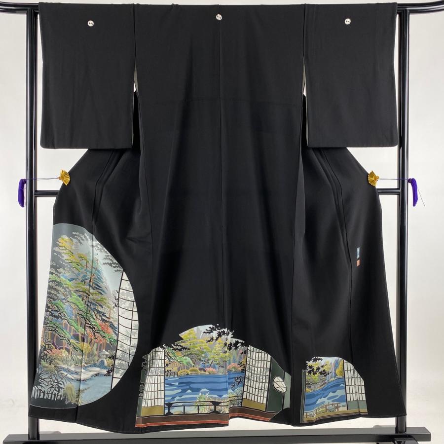 黒留袖 名品 落款あり 庭園風景 松 黒 袷 身丈150cm 裄丈63 5cm S 正絹 中古 かわいい新作