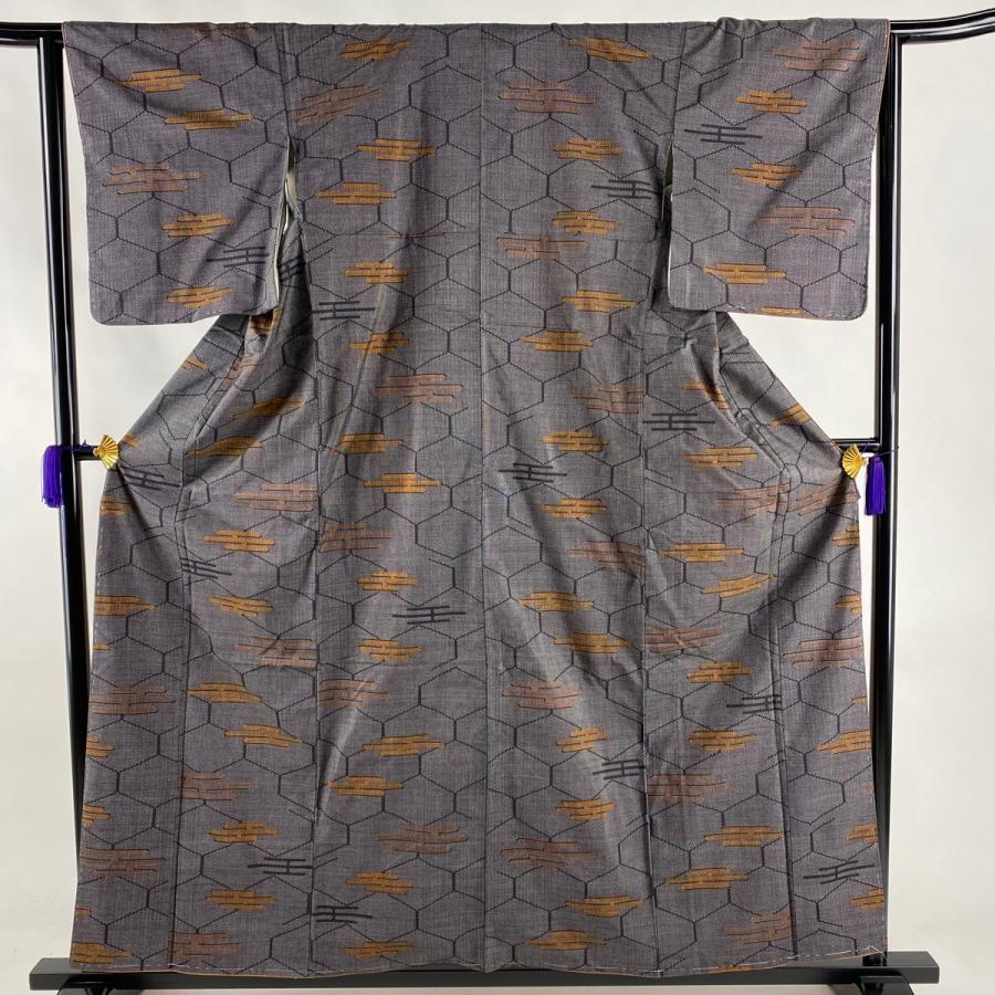 紬 優品 ヱ霞 亀甲 黒灰 袷 160cm 64 5cm M 正絹 中古 史上最も激安