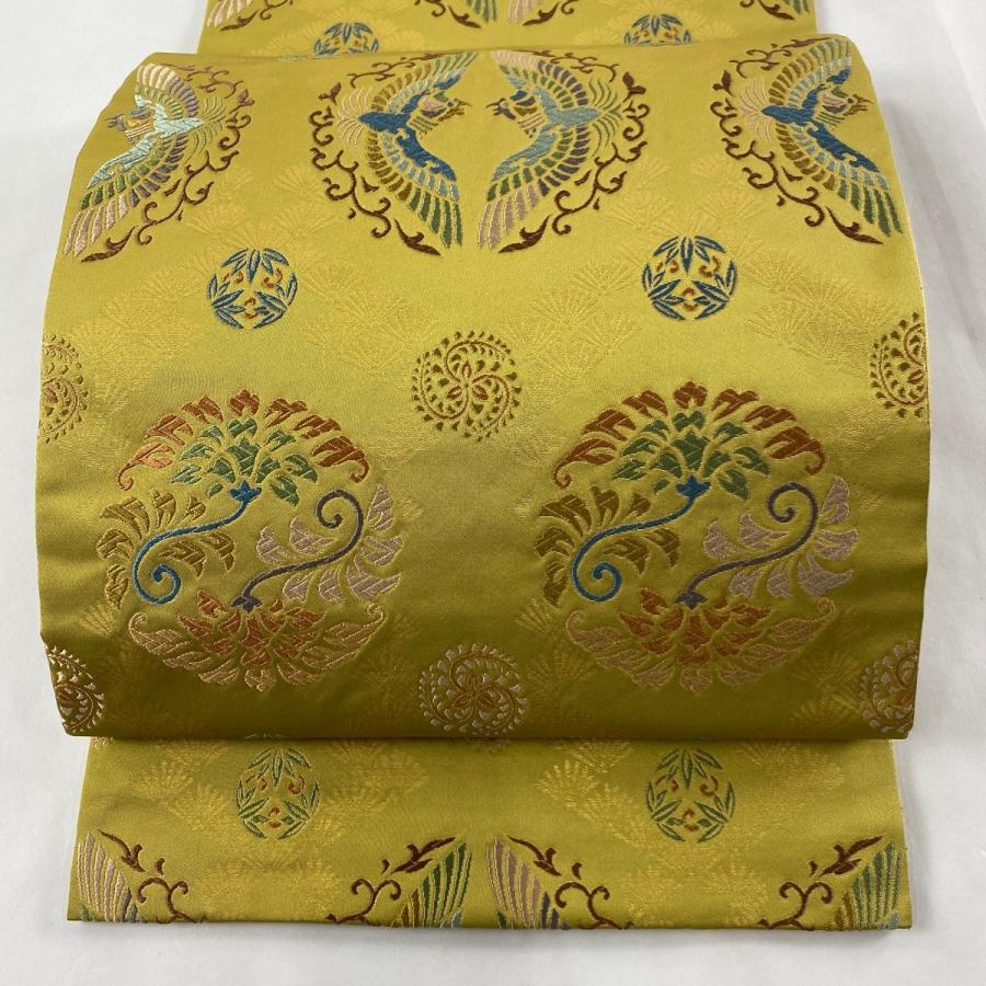 袋帯 美品 逸品 落款あり 川島織物 向かい鳥文 草花 箔 刺繍 からし色