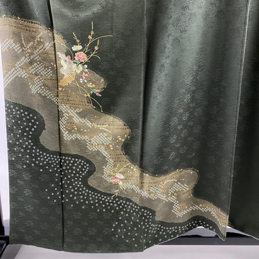 付下げ 秀品 一つ紋 草花 霞 金銀糸 刺繍 円高還元 66 5cm 袷 深緑 正絹 M 中古 158 5cm