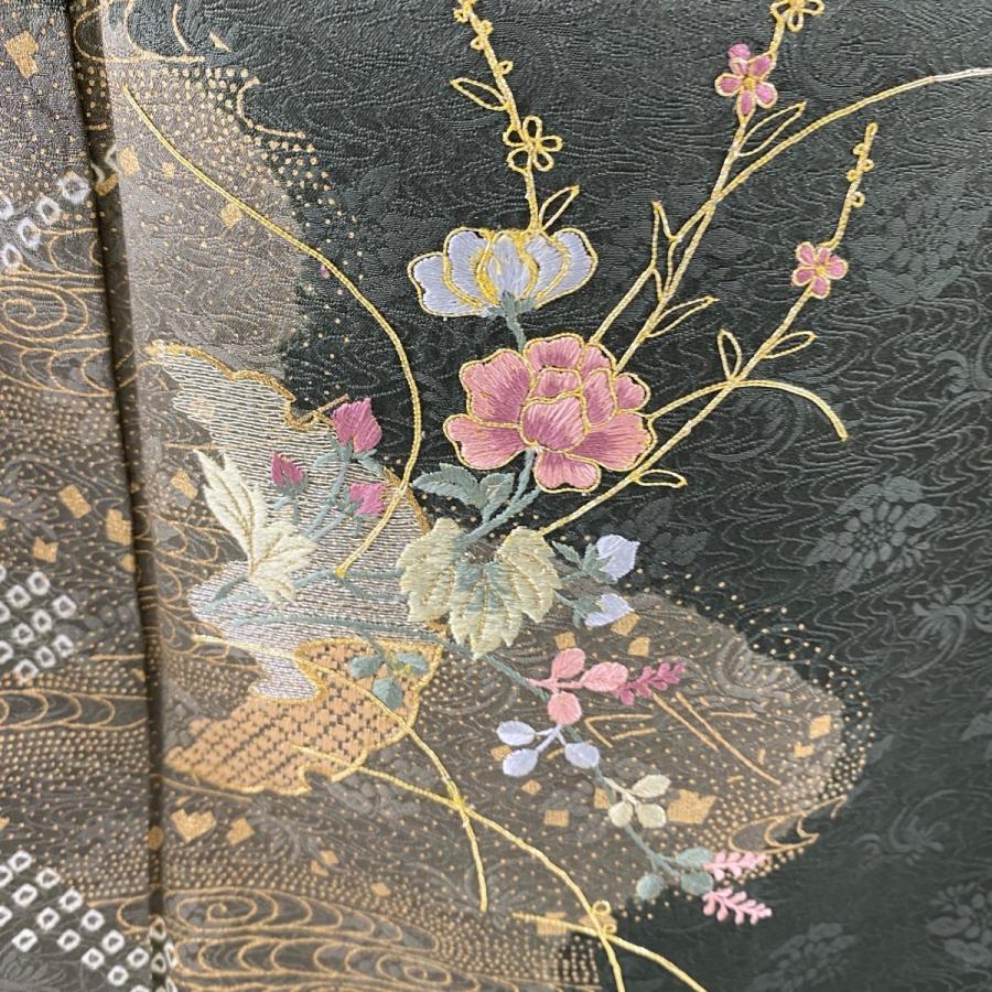 付下げ 秀品 一つ紋 草花 霞 金銀糸 刺繍 円高還元 66 5cm 袷 深緑 正絹 M 中古 158 5cm