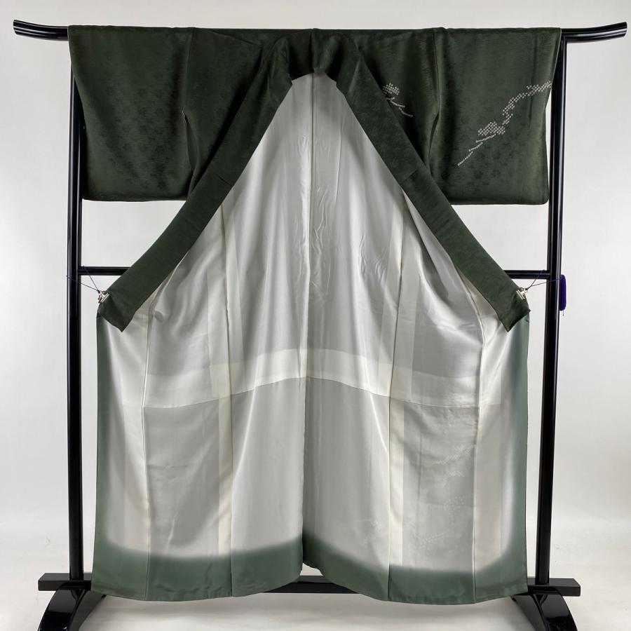 付下げ 秀品 一つ紋 草花 霞 金銀糸 刺繍 円高還元 66 5cm 袷 深緑 正絹 M 中古 158 5cm