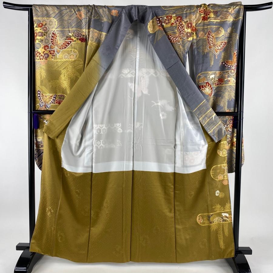 振袖 美品 名品 蝶 草花 金糸 金彩 M 袷 中古 超大特価 灰色 163 5cm 正絹 65 5cm