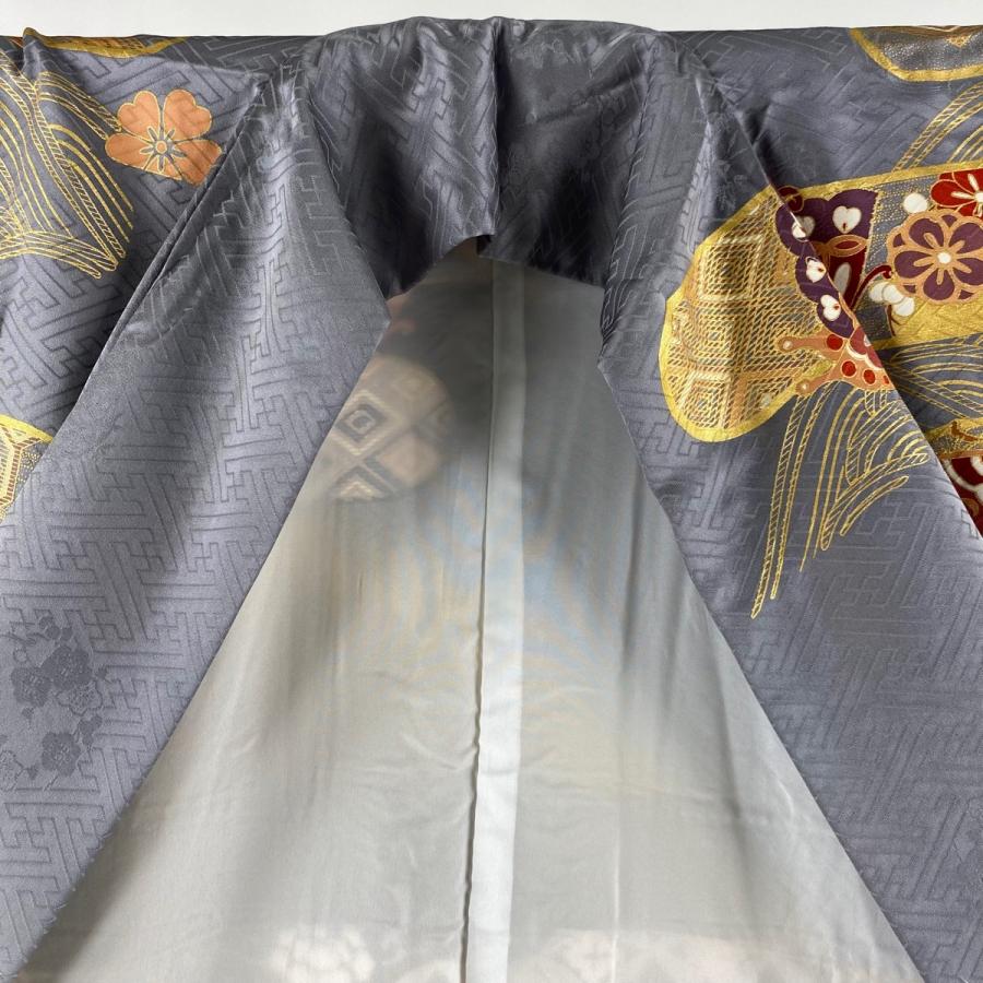 振袖 美品 名品 蝶 草花 金糸 金彩 M 袷 中古 超大特価 灰色 163 5cm 正絹 65 5cm