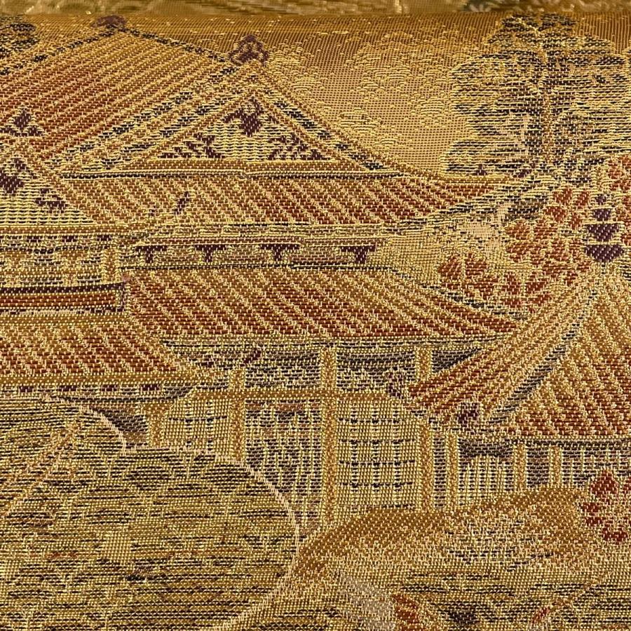 袋帯 美品 秀品 建物 人気商品の 鶴 金糸 中古 金色 六通 箔 正絹