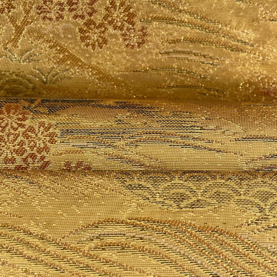 袋帯 美品 秀品 建物 人気商品の 鶴 金糸 中古 金色 六通 箔 正絹