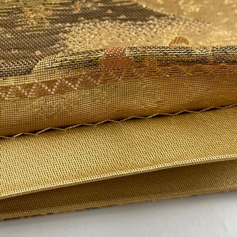 袋帯 美品 秀品 建物 人気商品の 鶴 金糸 中古 金色 六通 箔 正絹