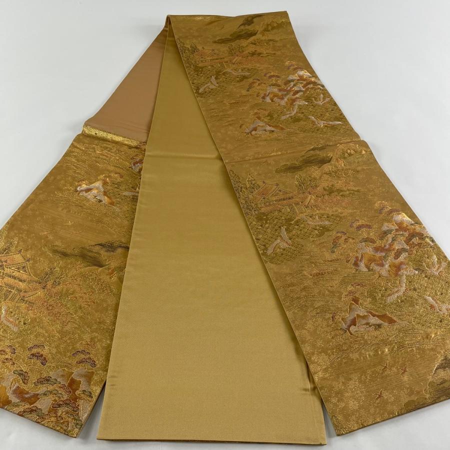 袋帯 美品 秀品 建物 人気商品の 鶴 金糸 中古 金色 六通 箔 正絹
